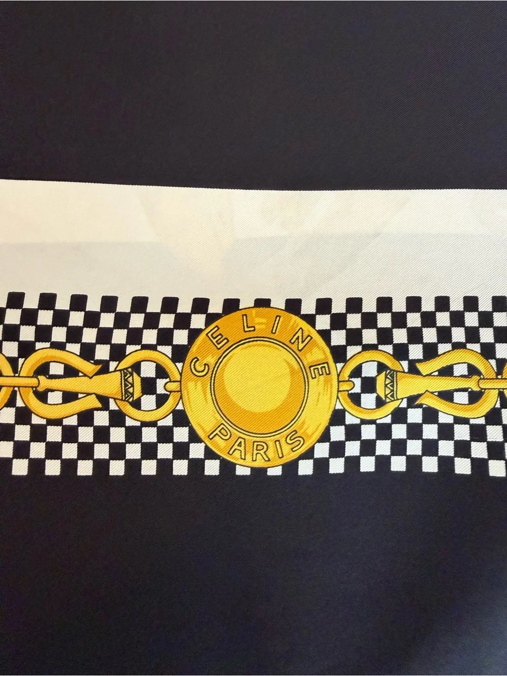 Celine Silk Scarf Navy White Yellow Hand Rolled Made in France